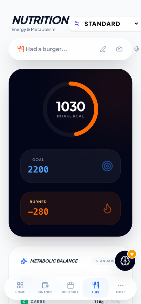 LifesOS Fuel view for meals and wellness basics